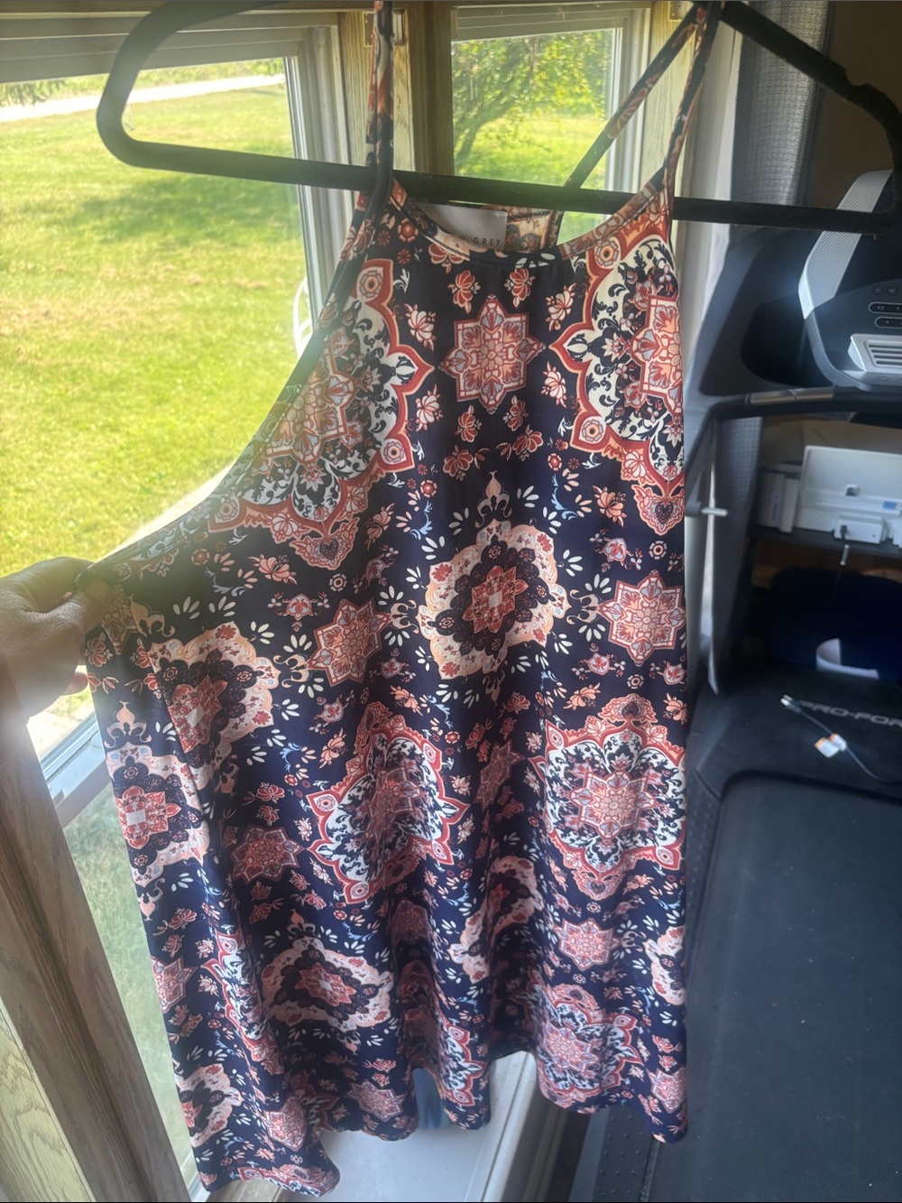 French Grey Navy and Coral Medallion Skater Skirt